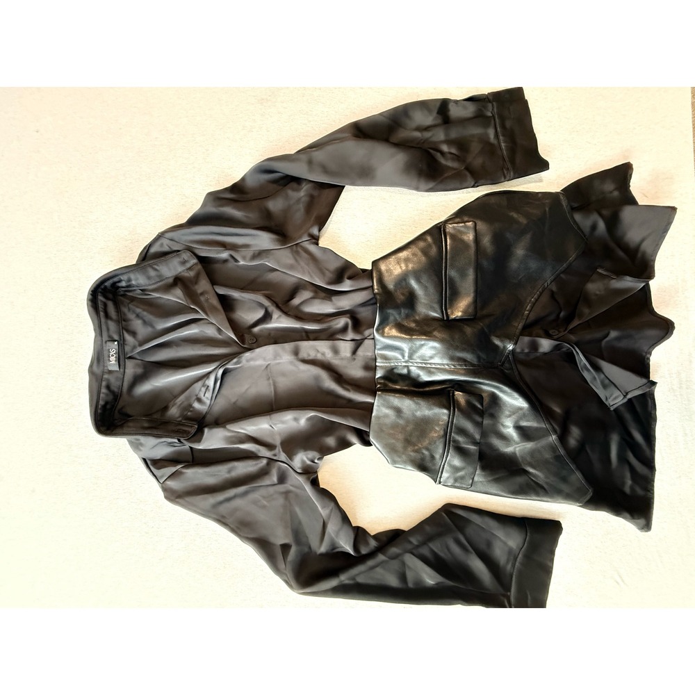Micas Black Satin and Faux Leather Mixed Media Mini Dress Long Sleeve XL